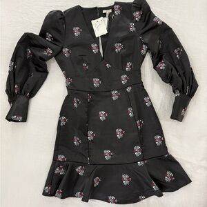 Joie Black Dress with Red and White Floral Embroidery